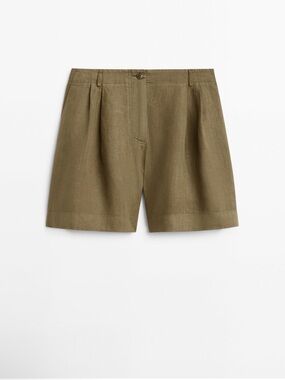 Massimo Dutti Linen Olive Green Flat-Front Women’s Shorts
